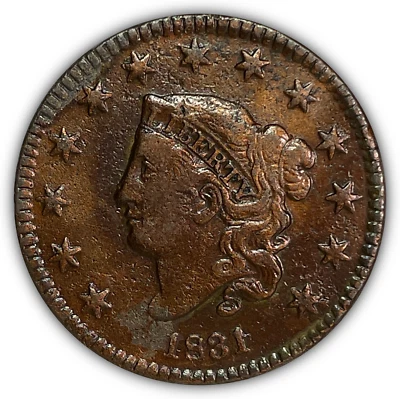 1831 Large Letters N-6 Coronet Head Cent Extremely Fine XF Coin, Cleaning #10841 - Image 1 of 3