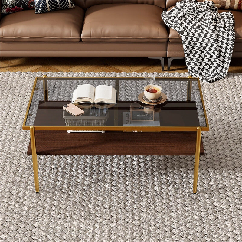Rectangle Coffee Table with Gray Tempered Glass top and Metal Legs, Modern Table - Image 1 of 4