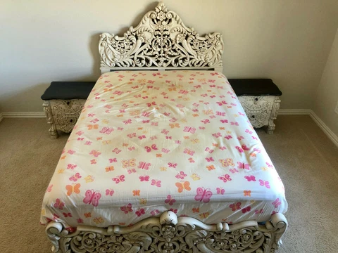 Vintage Solid Teak Wood Carved Bedroom Set, Bed,  Dresser Cover