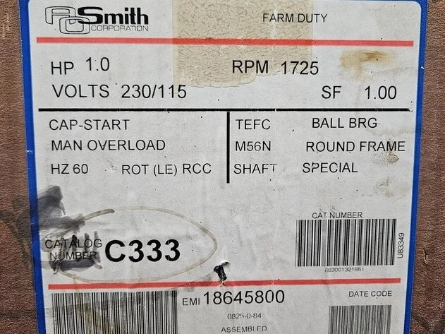 Century Farm Duty motor C333  1 HP  1725 RPM  230/115 VOLT  MANUAL OVERLOAD  TEF - Image 1 of 1