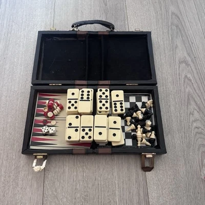 Vintage Game Compendium Leather Travel Case Backgammon Domino Chess Complete - Image 1 of 4