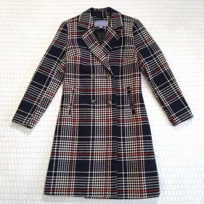 Plaid Tweed Coat Navy Blue Orange Ivory Mid-Length Wool Blend Peacoat NWOT S - Image 1 of 4