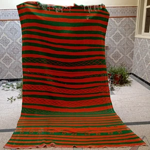 Antique Handwoven Orange Green Moroccan Rug Capet Berber 110"/69" Genuine Wool - Picture 1 of 17