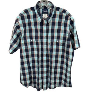 Camicia western uomo Wrangler Pearl Snap XL quadri manica corta cotone blu nero - Foto 1 di 11