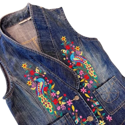 CATO Jean джинсовой ткани жилет вышитый павлины цветы искусственно состаренный богемное размер средний - Изображение 1 из 4