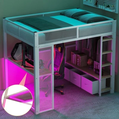 Full Size Metal Gaming Loft Bed with LED, Desk,Open Wardrobe and 3 Linen Storage - Image 1 of 4