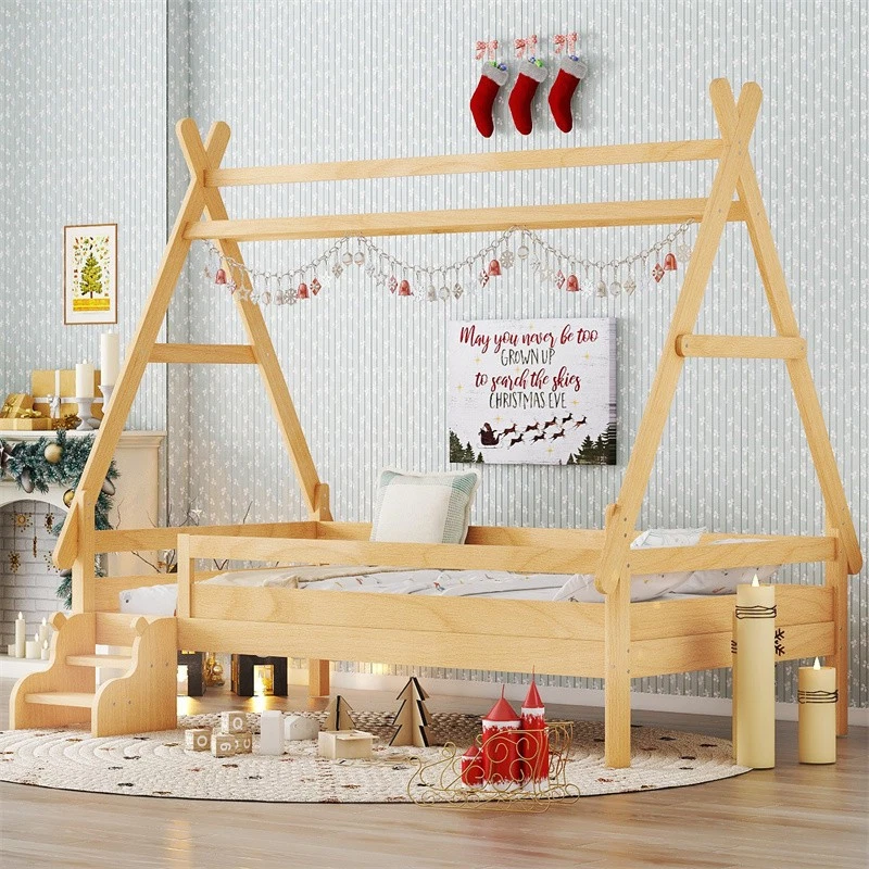 Cama con plataforma de casa de madera maciza tamaño doble con escaleras, marco de cama de bajo perfil, natural  Foto 1 de 4