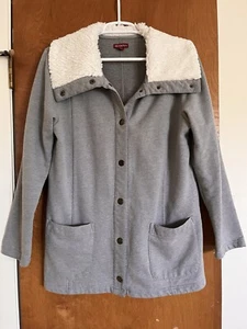 Merona Gray Stretch Knit Fleece Lined Jacket XXL Faux Fur Collar Snap Front - Picture 1 of 8