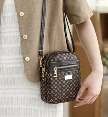 Mini Bolso de Hombro para Mujer Cartera de Viaje Geo Flor Marrón Tostado Cremallera Cuero Sintético Nuevo Foto 1 de 4