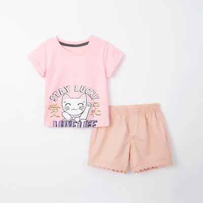 Girl's 2 Piece Outfit Cat Print Short Sleeve Crop Top and Shorts Set - Image 1 of 4