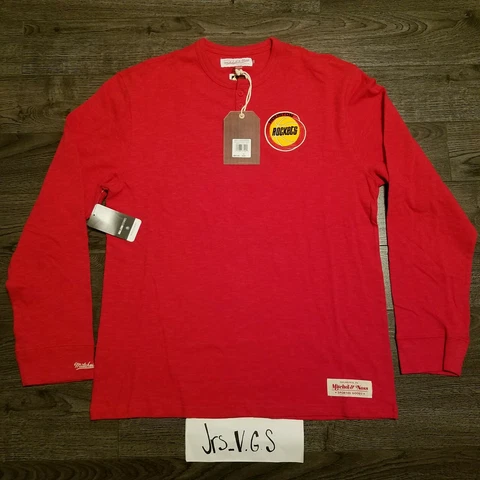 HOUSTON ROCKETS Mitchell & Ness Long Sleeve Shirt NBA Red Henley Retro Mens XL Cover