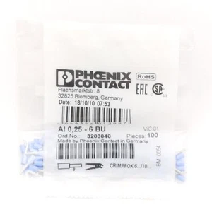 Lot of 100 Phoenix Contact 3203040 Terminal Block Ferrules, ø6mm x 10.50mm Pin - Picture 1 of 4