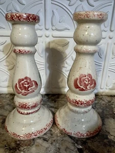 Ceramic Taper Candle Holder Rose Flower Leaf Speckled Sponge Paint 8" - Picture 1 of 13