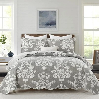 King 尺寸被子 - 100% 棉灰色被子套装农舍佩斯利花卉床罩... — 第 1/4 张图片