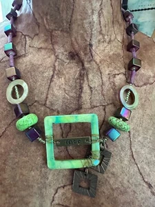 Handmade one of a kind artisan necklace: Green and purple beads - Picture 1 of 8