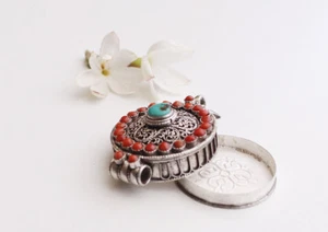Round Tibetan Buddhist Silver Sterling Ghau Pendant with Resin Coral & Turquoise - Picture 1 of 4