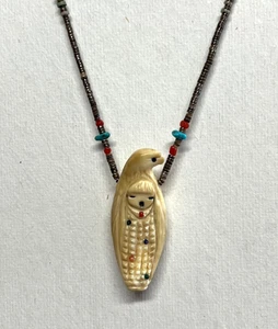 Vintage Quandelacy Zuni Carved Corn Maiden Turquoise & Sterling Silver Necklace - Picture 1 of 19