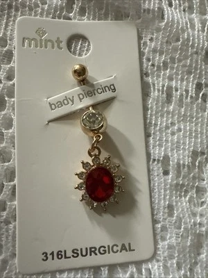 肚脐环 316L 手术钢带悬挂红色石头-镀金-全新 — 第 1/3 张图片