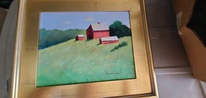Oil Painting original framed landscape. Labeled The Barns Of Red Bridge Farms - Picture 1 of 2