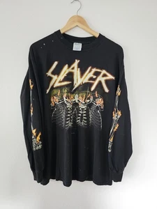 Vintage Slayer T-Shirt Metal Band Rock Flames Longsleeve Skull Y2K Size Large - Picture 1 of 8