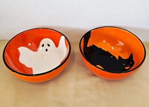 Vtg 2 Ceramic Halloween Candy Bowl Dish Black Cat Ghost 6" Home New NOS 2005 - Picture 1 of 8
