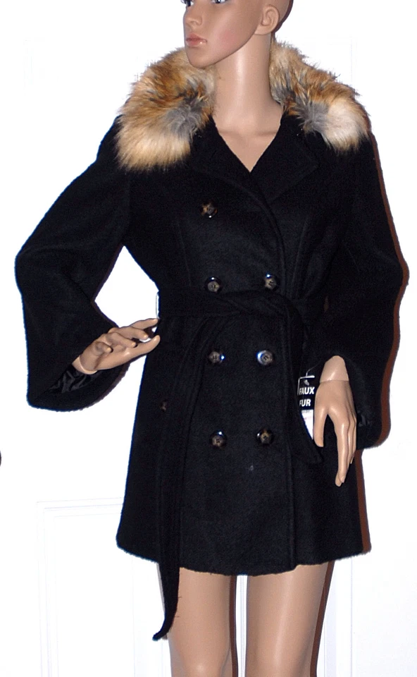 Nuevo Abrigo Chaqueta Laundry Shelli Segal Negro Mezcla Lana Imitación Piel Borde Cinturón 2 Foto 1 de 1