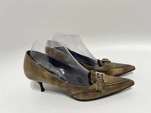Vtg Prada Brown Leather Kitten Loafer Heels 37.5 - Picture 1 of 10