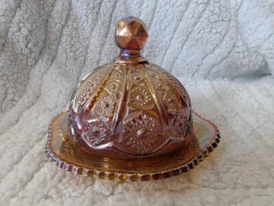 Vintage Iridescent Marigold Carnival Glass Round Butter Dish - Image 1 of 4