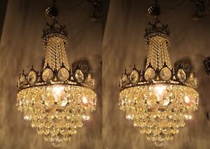 Pair of Antique Vnt French Basket Style Crystal Chandelier Lamp 1940's 15"in RAR