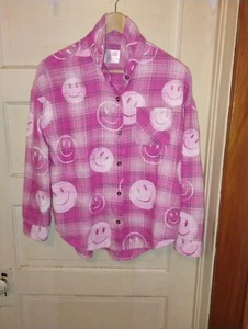 Justice Long Sleeve Smiley Face Button-Up Pink Flannel Girls Size XL - Picture 1 of 4