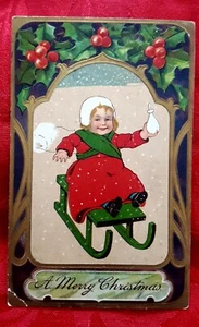 Vintage 1909 Weihnachts Postkarte "EINE FROHE WEIHNACHTEN" kleines Mädchen auf Schlitten ~ DEUTSCHLAND - Bild 1 von 3