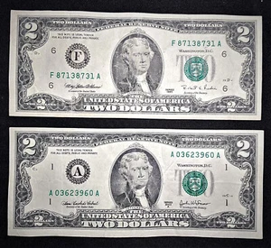 Two Dollar FW US Bills 2003A & 1995 Over Twenty Years In Age - Picture 1 of 10