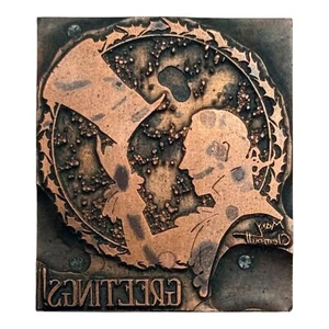 Vintage Copper Letterpress Printing Block GREETINGS Top Hat MARY CLEMMITT - Picture 1 of 4