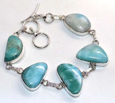 Elegante pulsera Larimar enchapada en plata 925 hecha a mano joyería tamaño 8,5" GW Foto 1 de 3