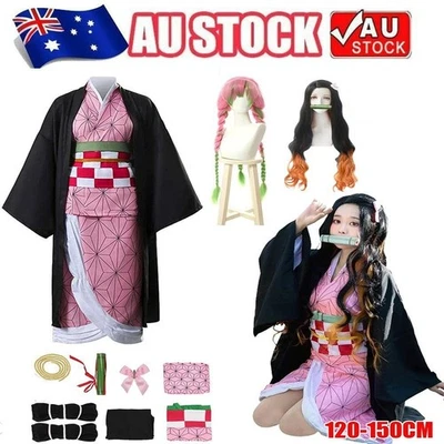 Kids Demon Slayer Kamado Nezuko Cosplay Costume Wig Book Week Party Outfits Set - image 1 of 4