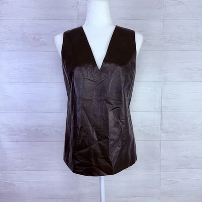 Vince Lamb Leather Silk Tank Top Women Size 8 Black Grunge Goth Punk V Neck - Image 1 of 4