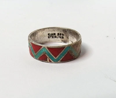 ВИНТАЖНЫЙ УНИСЕКС НАВАХО ЭМАЛИРОВАННЫЙ ЦВЕТНОЙ СИНИЙ КРАСНЫЙ 925 ПРОБЫ СЕРЕБРА SZ 7. - Изображение 1 из 4