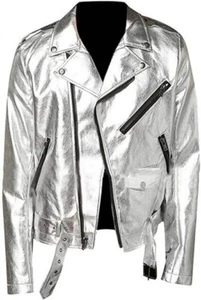 Men's Silver Metallic Lambskin Leather Style Belted Biker Motorcycle Jacket - Picture 1 of 4