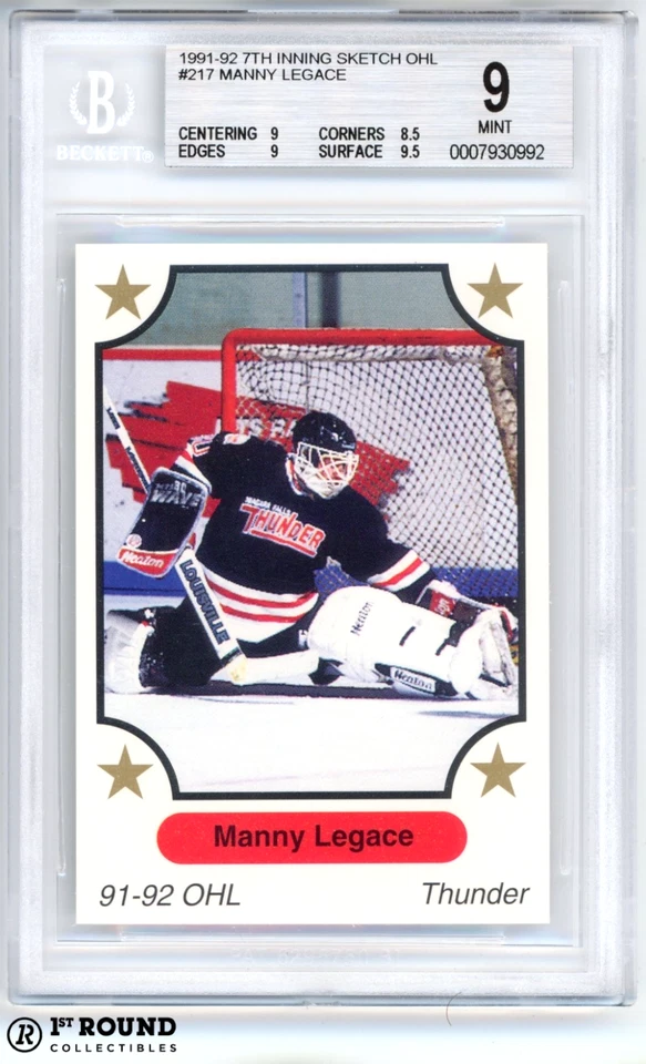 Manny Legace BGS 9: 1991-92 7th Inning Sketch OHL Pre-Rookie POP 2 - Image 1 of 3