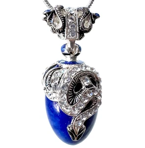Snake Sterling Silver Enamel Blue Lapis Faberge Egg Pendant Crystals 24"Chain - Picture 1 of 20