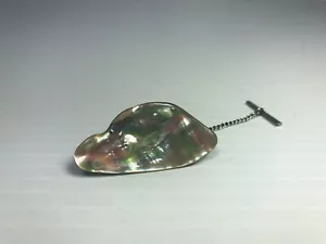 Vintage Irregular Shape 2 5/8" Abalone Shell Silver Tone Tie Tack with Chain - Picture 1 of 6