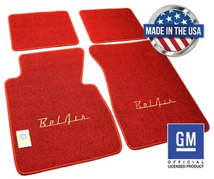 ACC 4-PC Red Floor Mat Set For 1957 Chevy w/Gold Bel Air Logo Loop Carpet - Picture 1 of 8