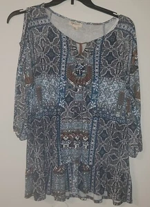 Style & Co Womens Top Tunic Large Petite Green Brown 3/4 Sleeve Keyhole Tie Fron - Picture 1 of 6