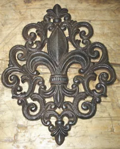 HUGE Cast Iron FLEUR DE LIS Plaque Finial Garden Sign Home Wall Decor Rustic - Picture 1 of 2
