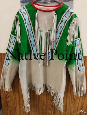 Native American Western Wear Suede Leather Jacket Fringes & Beads Work War Shirt - Image 1 of 4