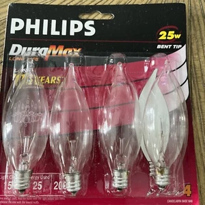 Philips DuraMax 25W Clear Candelabra Base BA9 Bent Tip Light Bulbs 4 Count - Picture 1 of 2