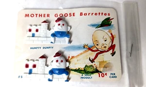 1950s Mother Goose Barrettes SOLO Hair Clips w/ 10 cent Card, Humpty Dumpty VTG - Picture 1 of 2