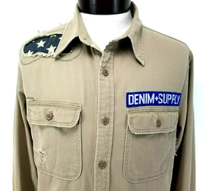 DENIM & SUPPLY Ralph Lauren L/S Shirt/Overshirt Khaki Distressed USA Flag M EUC* - Picture 1 of 11