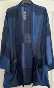 Blue Plaid Check Yukata Kimono Cardigan Jacket Robe Cotton Blend Incerun 2XL NWT - Picture 1 of 9