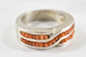 Geometric Hand Cast Solid Sterling Silver Ring Beaded Design Size 6-3/4 - Picture 1 of 11